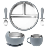 5PCS Baby Feeding Set Stainless Steel Plates with Silicone Sucker