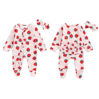 Baby Girls 2Pcs Long Sleeve Strawberry Flower Butterfly Print Frills Zipper Footies Jumpsuit and Headband Romper Set - BIG FRENCHIES
