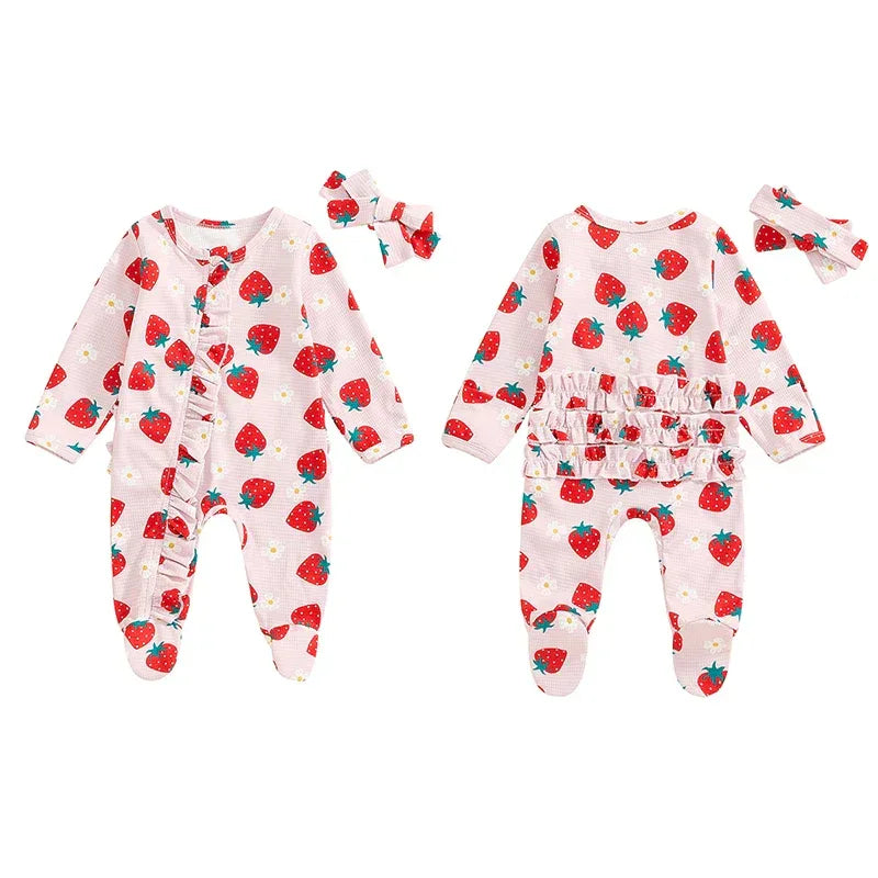 Baby Girls 2Pcs Long Sleeve Strawberry Flower Butterfly Print Frills Zipper Footies Jumpsuit and Headband Romper Set - BIG FRENCHIES