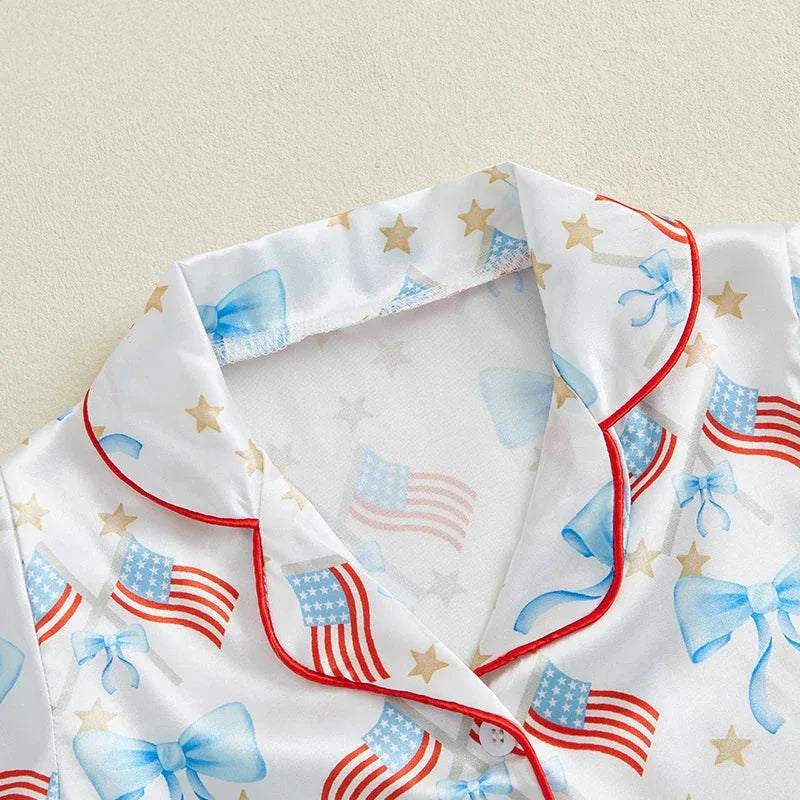Toddler Girls Patriotic Pajamas Set Summer Star/Bow Print Button up Short Sleeves Shirt with Elastic Shorts for Loungewear - BIG FRENCHIES