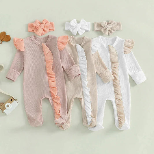 Baby Girls 2Pcs Outfit Long Sleeve Crew Neck Frills Zipper Romper Contrast Color Footies and Headband Set - BIG FRENCHIES