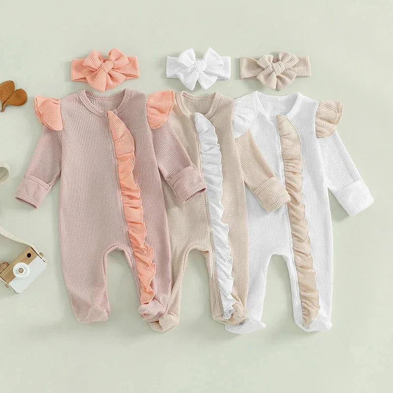 Baby Girls 2Pcs Outfit Long Sleeve Crew Neck Frills Zipper Romper Contrast Color Footies and Headband Set - BIG FRENCHIES