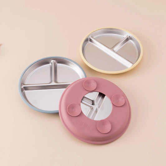 5PCS Baby Feeding Set Stainless Steel Plates with Silicone Sucker