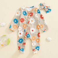 Baby Girls 2Pcs Long Sleeve Strawberry Flower Butterfly Print Frills Zipper Footies Jumpsuit and Headband Romper Set - BIG FRENCHIES