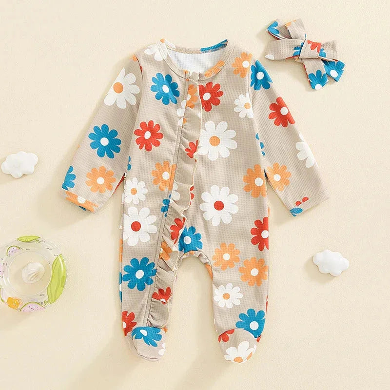 Baby Girls 2Pcs Long Sleeve Strawberry Flower Butterfly Print Frills Zipper Footies Jumpsuit and Headband Romper Set - BIG FRENCHIES