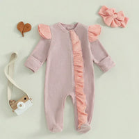 Baby Girls 2Pcs Outfit Long Sleeve Crew Neck Frills Zipper Romper Contrast Color Footies and Headband Set - BIG FRENCHIES