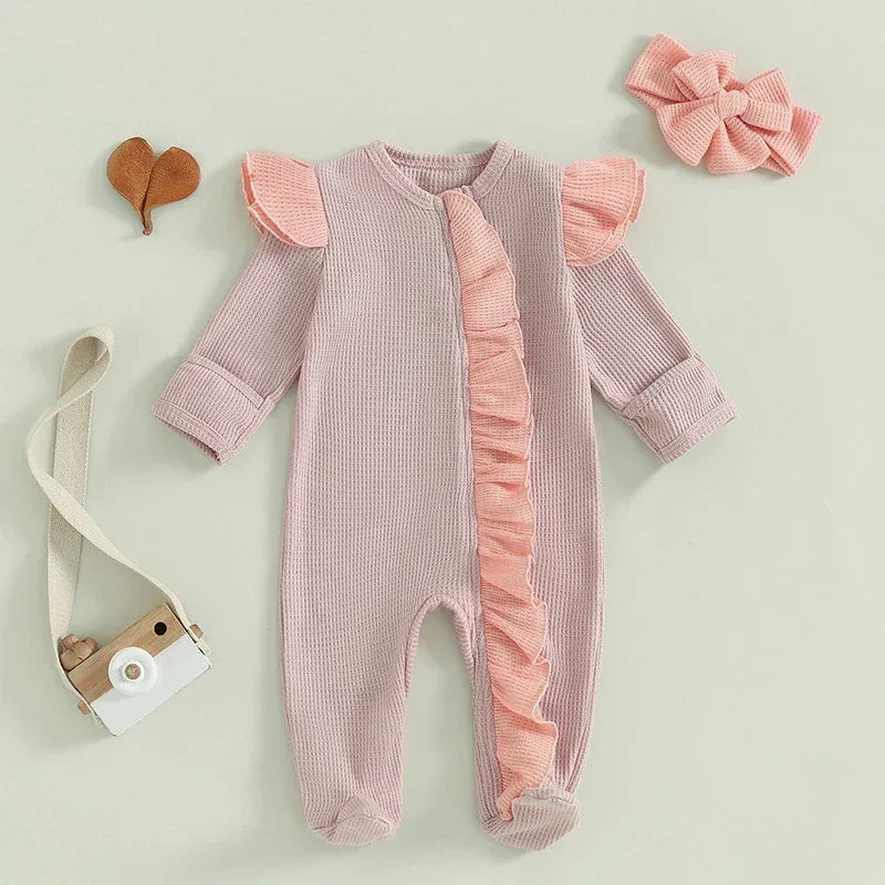 Baby Girls 2Pcs Outfit Long Sleeve Crew Neck Frills Zipper Romper Contrast Color Footies and Headband Set - BIG FRENCHIES