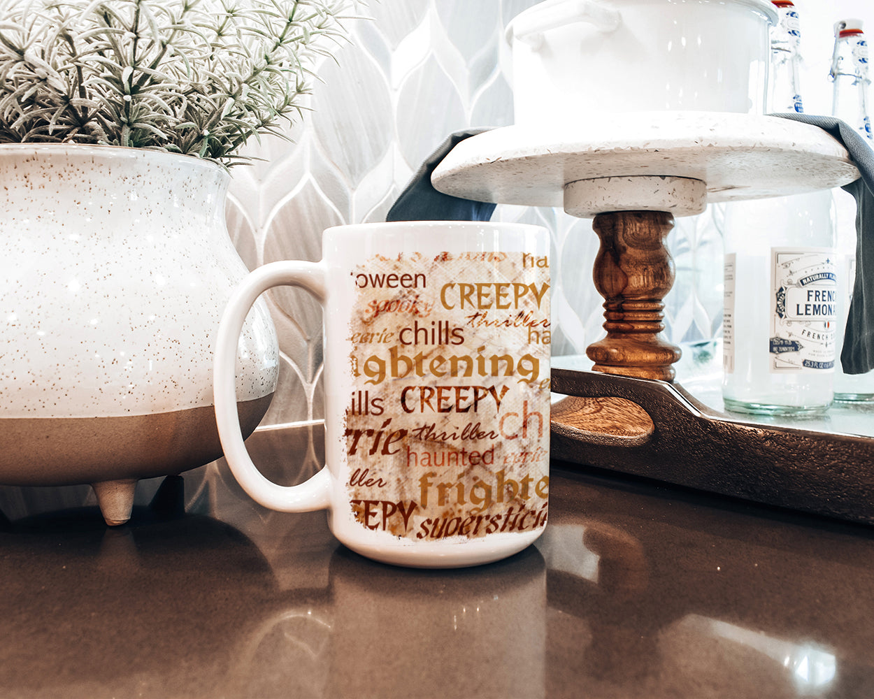 Creepy, Haunted and Frightful with skulls Halloween Ceramic Coffee Mug 15 oz Decorative Large C Handle Mug Cup for Tea, Cocoa Hot Chocolate