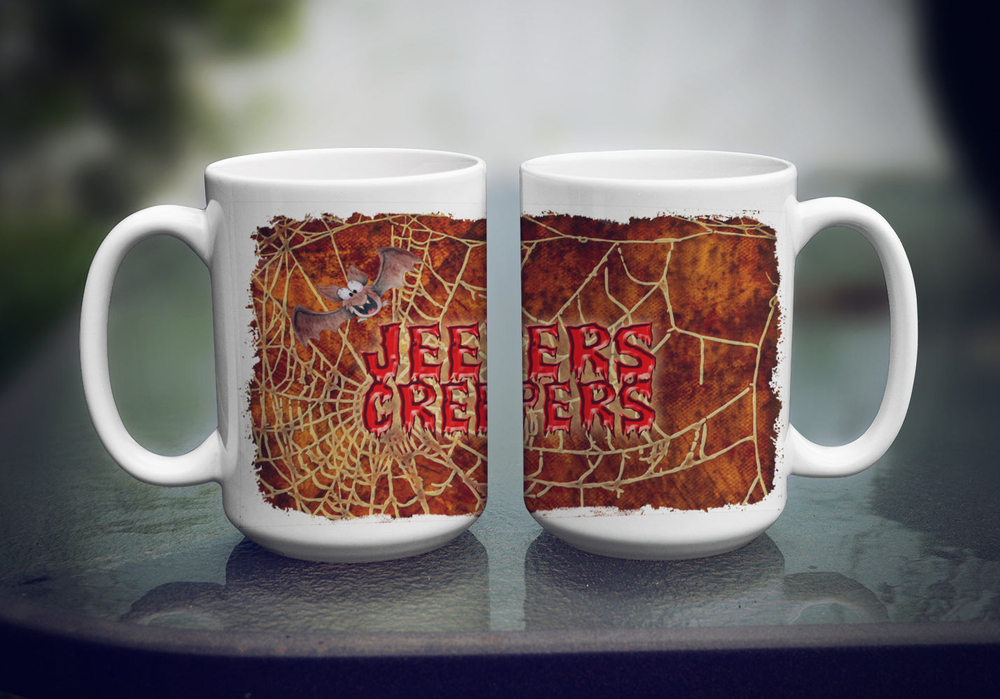 Jeepers Creepers with Bat and Spider web Halloween Ceramic Coffee Mug 15 oz Decorative Large C Handle Mug Cup for Tea, Cocoa Hot Chocolate