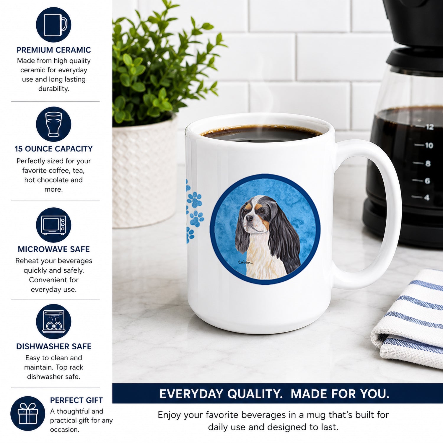 Blue Cavalier Spaniel Ceramic Coffee Mug 15 oz Decorative Large C Handle Mug Cup for Tea, Cocoa Hot Chocolate