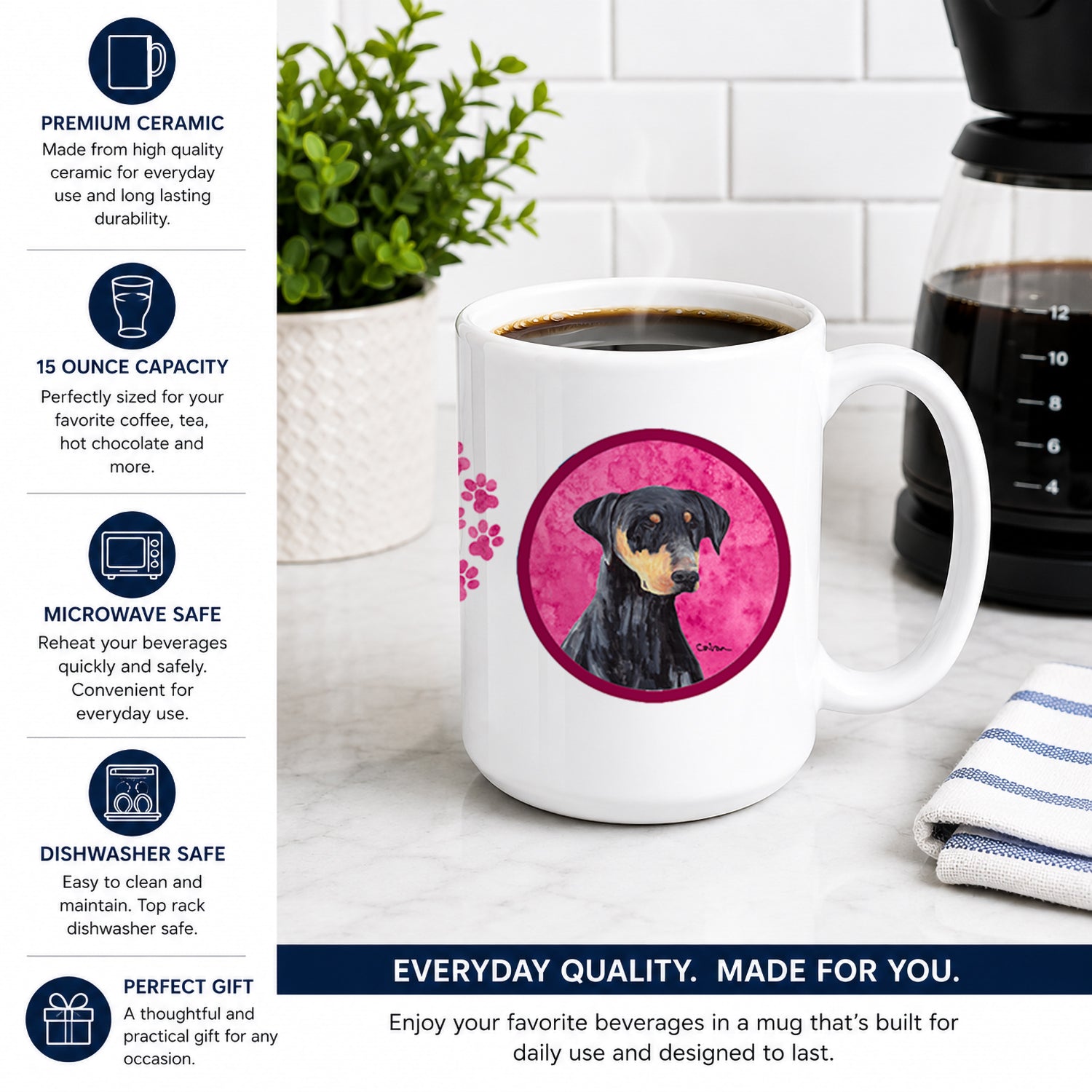 Pink Doberman Ceramic Coffee Mug 15 oz Decorative Large C Handle Mug Cup for Tea, Cocoa Hot Chocolate