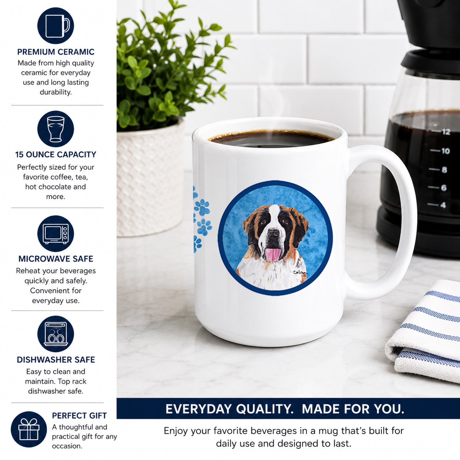Blue Saint Bernard Ceramic Coffee Mug 15 oz Decorative Large C Handle Mug Cup for Tea, Cocoa Hot Chocolate