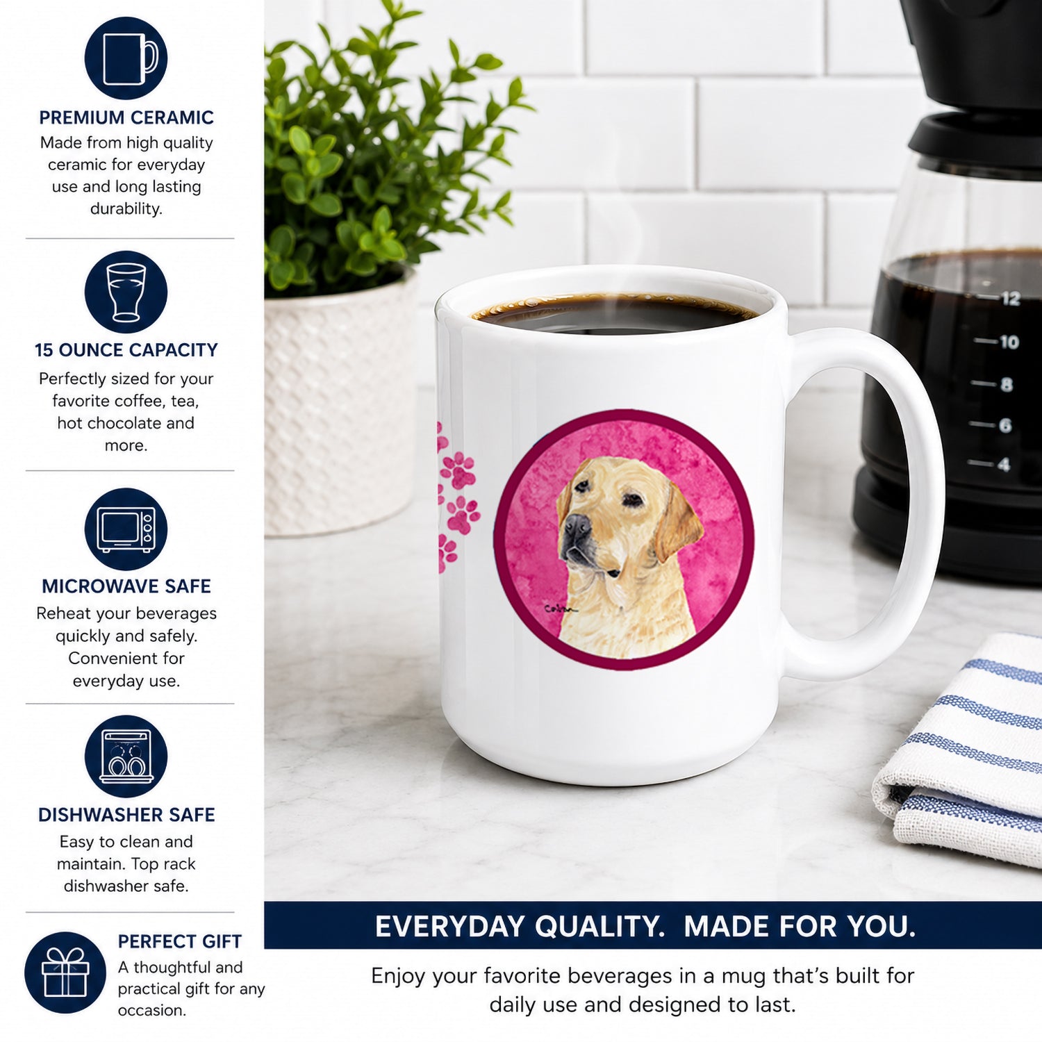 Pink Labrador Ceramic Coffee Mug 15 oz Decorative Large C Handle Mug Cup for Tea, Cocoa Hot Chocolate