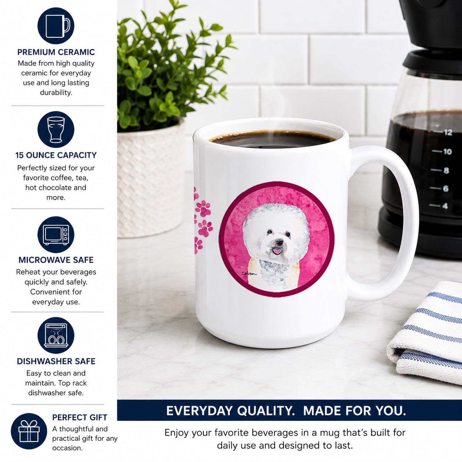 Pink Bichon Frise Ceramic Coffee Mug 15 oz Decorative Large C Handle Mug Cup for Tea, Cocoa Hot Chocolate