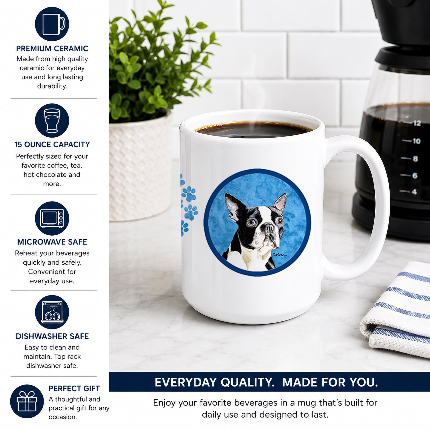 Blue Boston Terrier Ceramic Coffee Mug 15 oz Decorative Large C Handle Mug Cup for Tea, Cocoa Hot Chocolate
