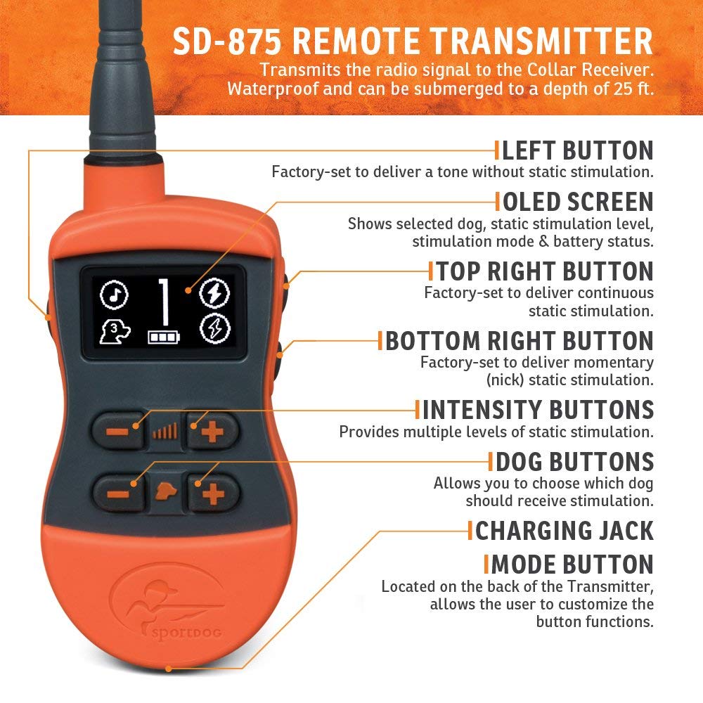SportDOG SportTrainer 875E SD-875E Remote E-Collar, 1/2-Mile Range, Bright OLED Screen, Up to 3 Dogs