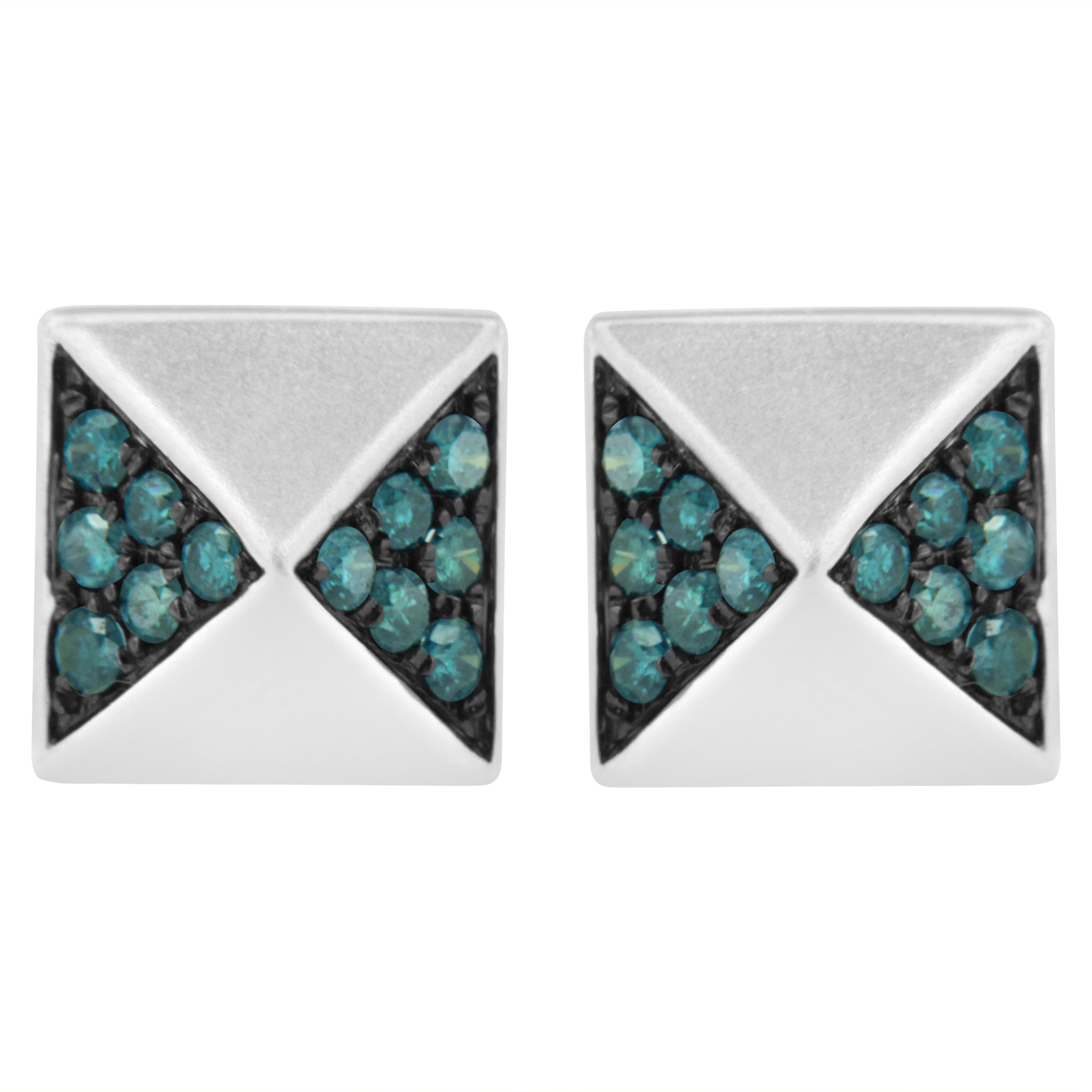 14K White Gold 1/4 Cttw Treated Blue Diamond Pyramid Stud Earring (Blue Color, SI1-SI2 Clarity)