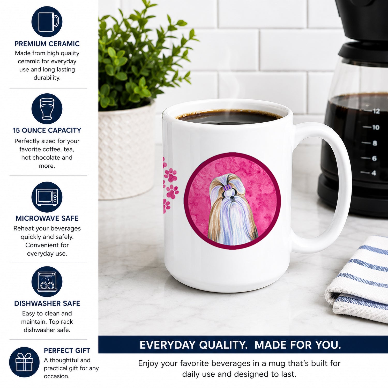 Pink Shih Tzu Ceramic Coffee Mug 15 oz Decorative Large C Handle Mug Cup for Tea, Cocoa Hot Chocolate