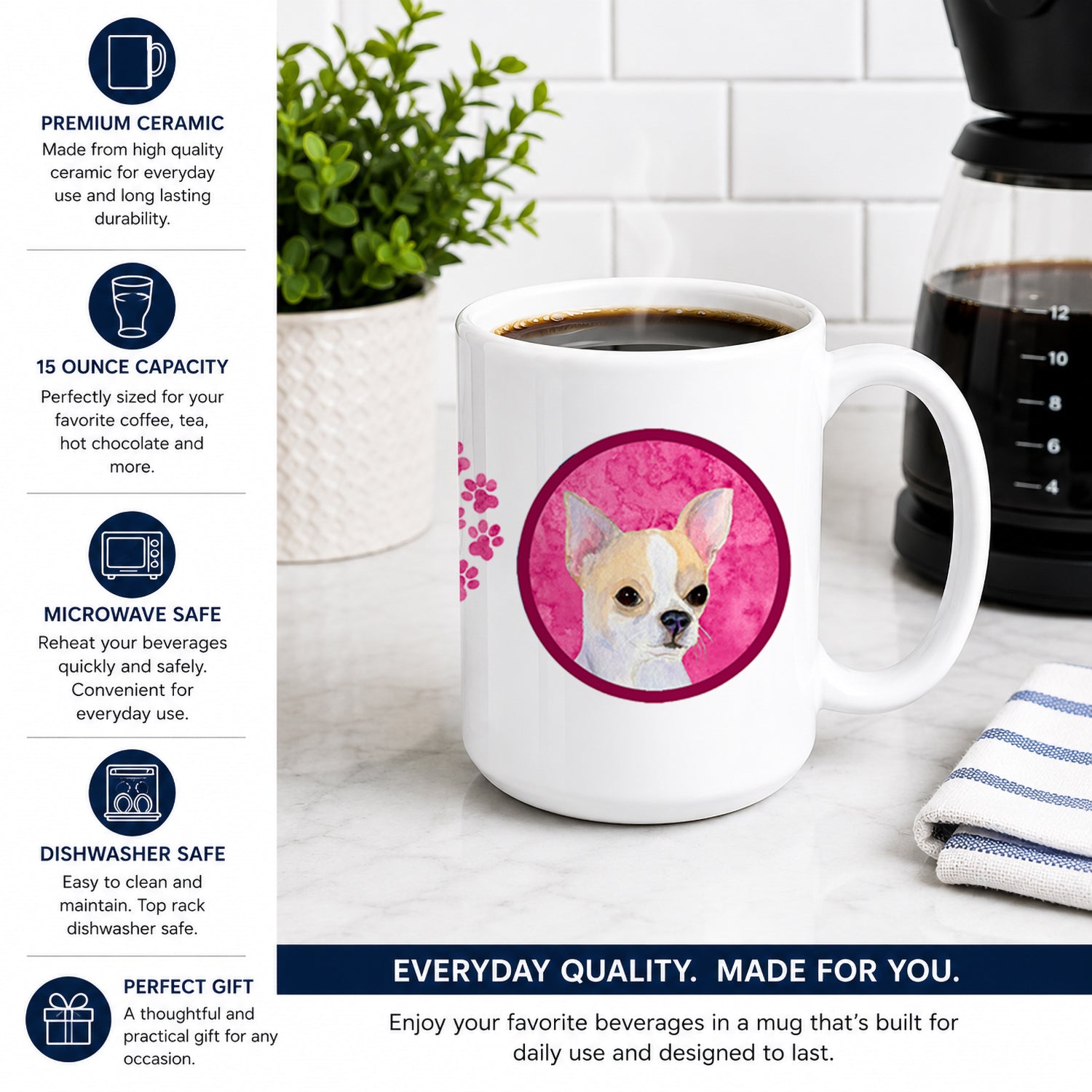 Pink Chihuahua Ceramic Coffee Mug 15 oz Decorative Large C Handle Mug Cup for Tea, Cocoa Hot Chocolate