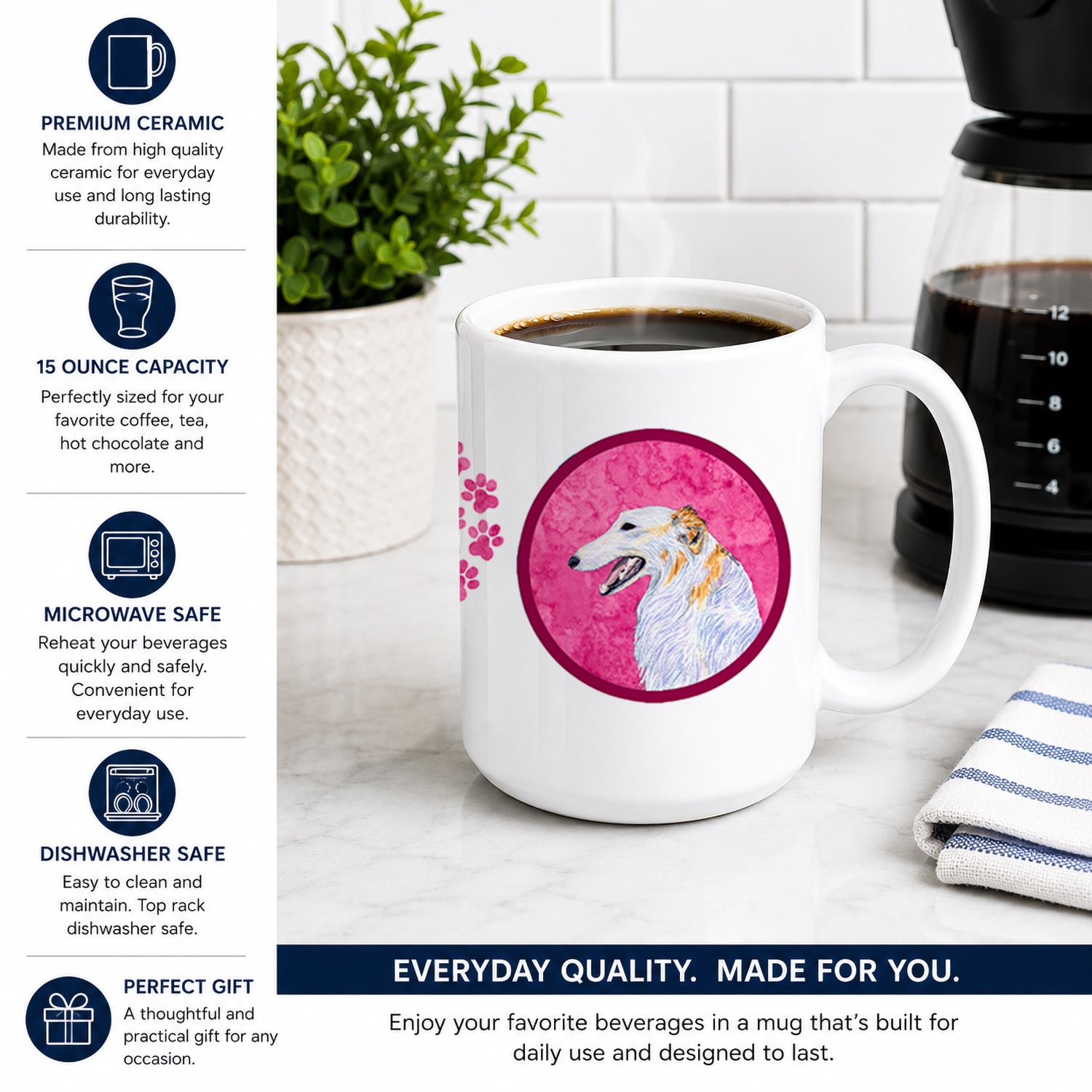 Pink Borzoi Ceramic Coffee Mug 15 oz Decorative Large C Handle Mug Cup for Tea, Cocoa Hot Chocolate