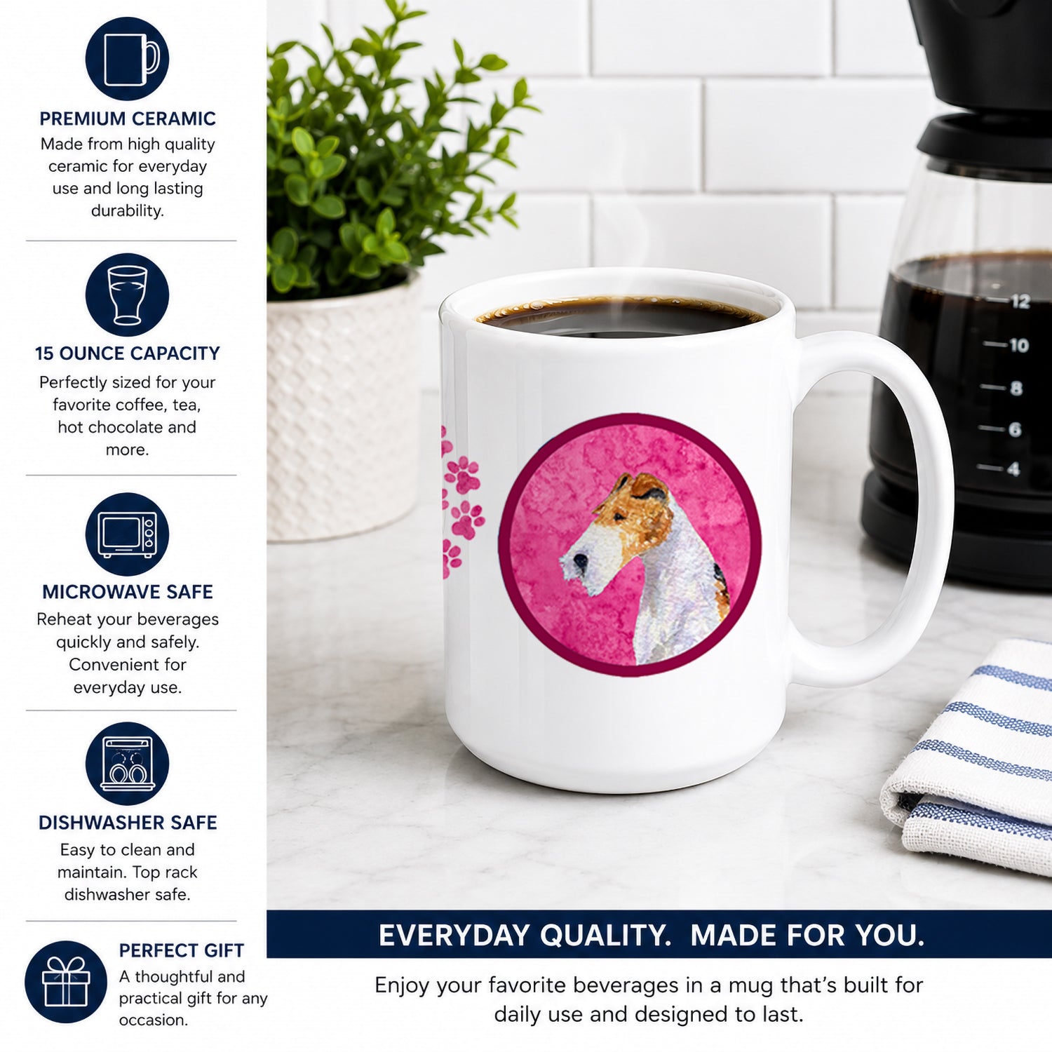 Pink Wire Fox Terrier Ceramic Coffee Mug 15 oz Decorative Large C Handle Mug Cup for Tea, Cocoa Hot Chocolate