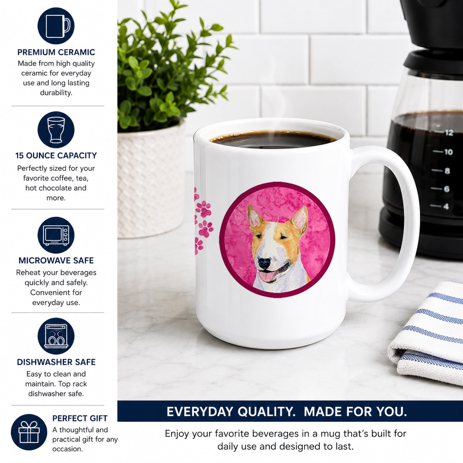 Pink Bull Terrier Ceramic Coffee Mug 15 oz Decorative Large C Handle Mug Cup for Tea, Cocoa Hot Chocolate