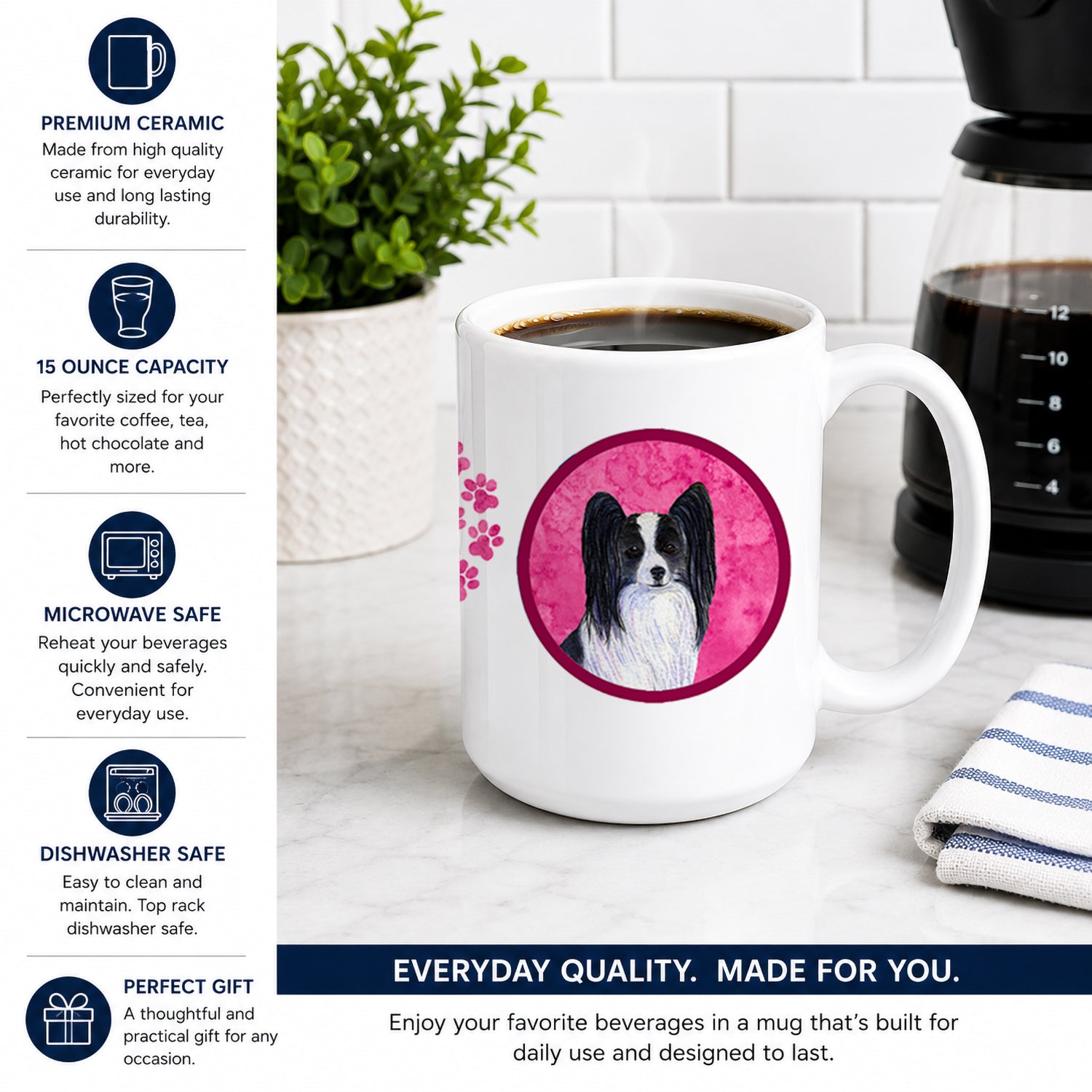 Pink Papillon Ceramic Coffee Mug 15 oz Decorative Large C Handle Mug Cup for Tea, Cocoa Hot Chocolate