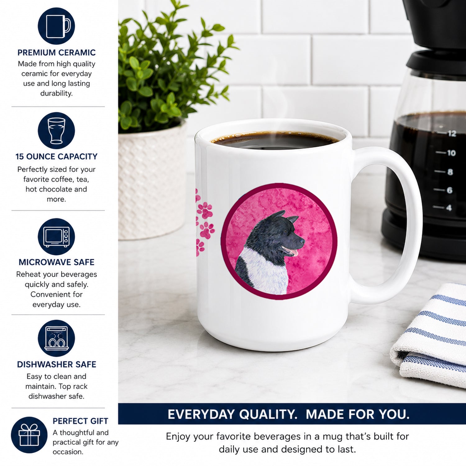 Pink Akita Ceramic Coffee Mug 15 oz Decorative Large C Handle Mug Cup for Tea, Cocoa Hot Chocolate