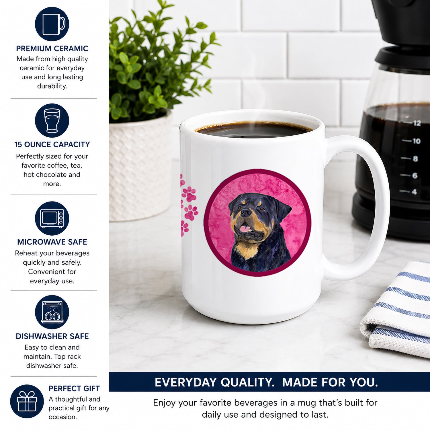 Pink Rottweiler Ceramic Coffee Mug 15 oz Decorative Large C Handle Mug Cup for Tea, Cocoa Hot Chocolate