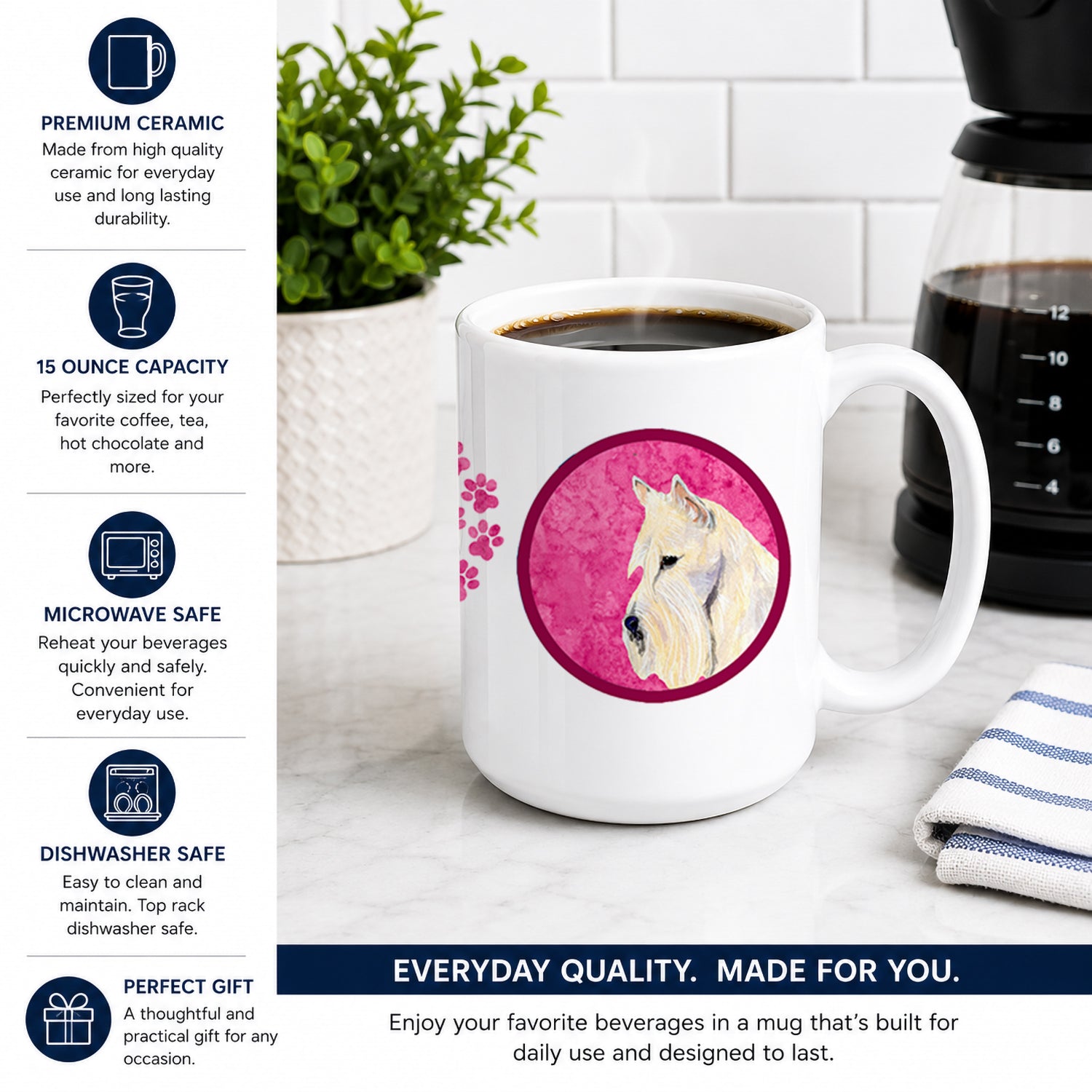 Pink Wheaten Scottish Terrier Ceramic Coffee Mug 15 oz Decorative Large C Handle Mug Cup for Tea, Cocoa Hot Chocolate
