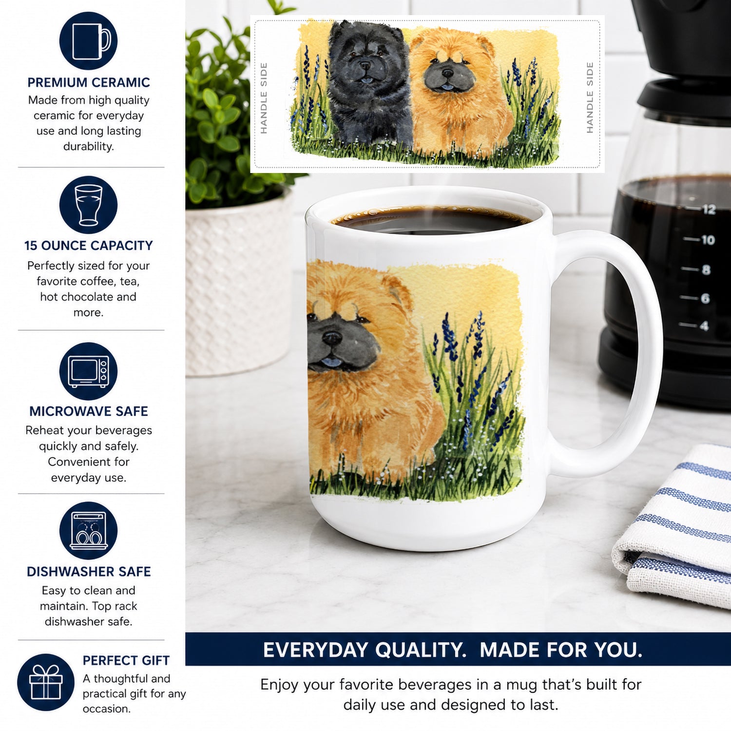 Chow Chow Ceramic Coffee Mug 15 oz Decorative Large C Handle Mug Cup for Tea, Cocoa Hot Chocolate