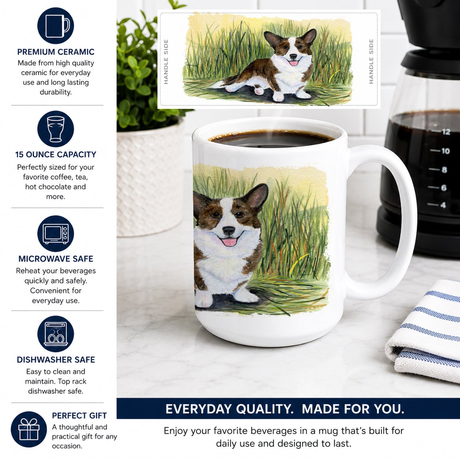 Corgi Ceramic Coffee Mug 15 oz Decorative Large C Handle Mug Cup for Tea, Cocoa Hot Chocolate
