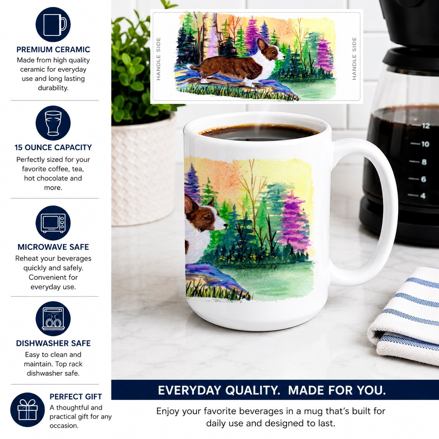Corgi Ceramic Coffee Mug 15 oz Decorative Large C Handle Mug Cup for Tea, Cocoa Hot Chocolate