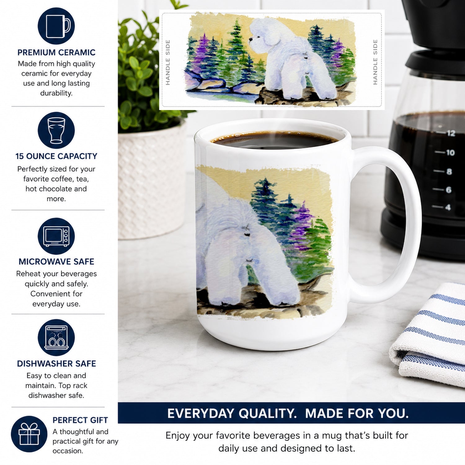 Bichon Frise Ceramic Coffee Mug 15 oz Decorative Large C Handle Mug Cup for Tea, Cocoa Hot Chocolate