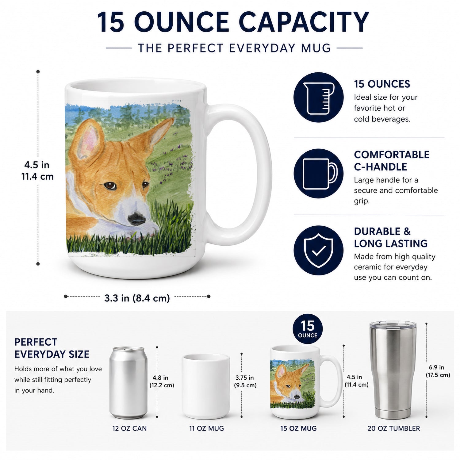 Basenji Ceramic Coffee Mug 15 oz Decorative Large C Handle Mug Cup for Tea, Cocoa Hot Chocolate