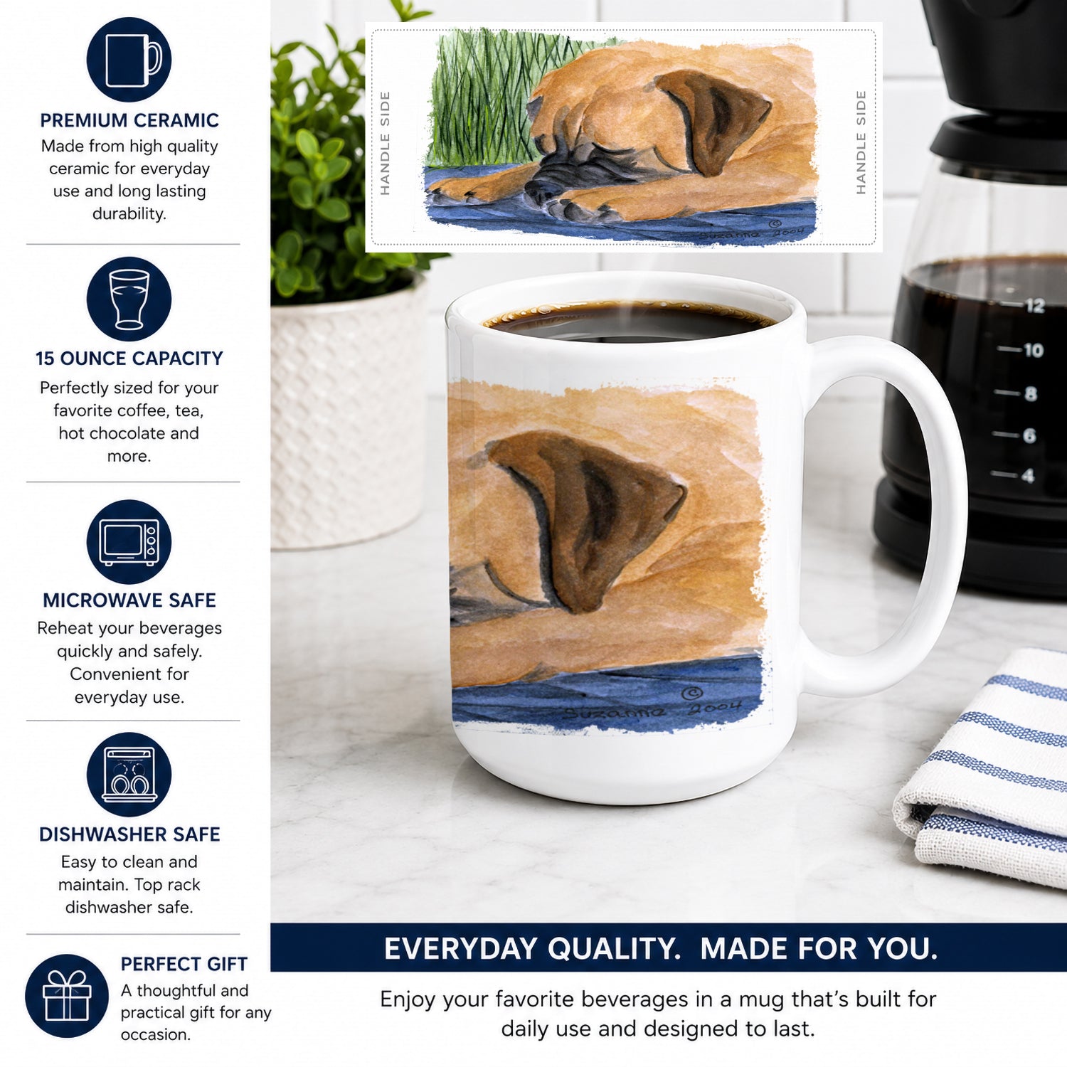 Bullmastiff Ceramic Coffee Mug 15 oz Decorative Large C Handle Mug Cup for Tea, Cocoa Hot Chocolate