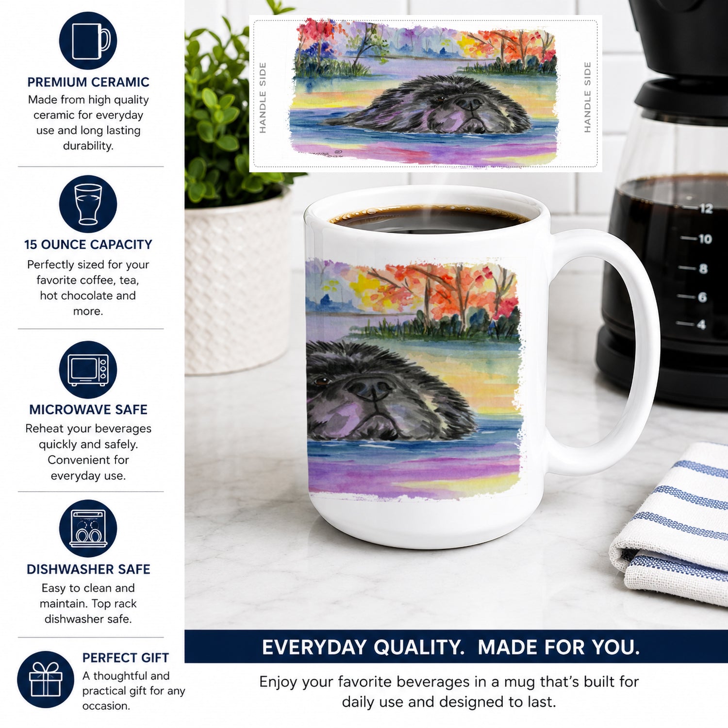 Newfoundland Ceramic Coffee Mug 15 oz Decorative Large C Handle Mug Cup for Tea, Cocoa Hot Chocolate