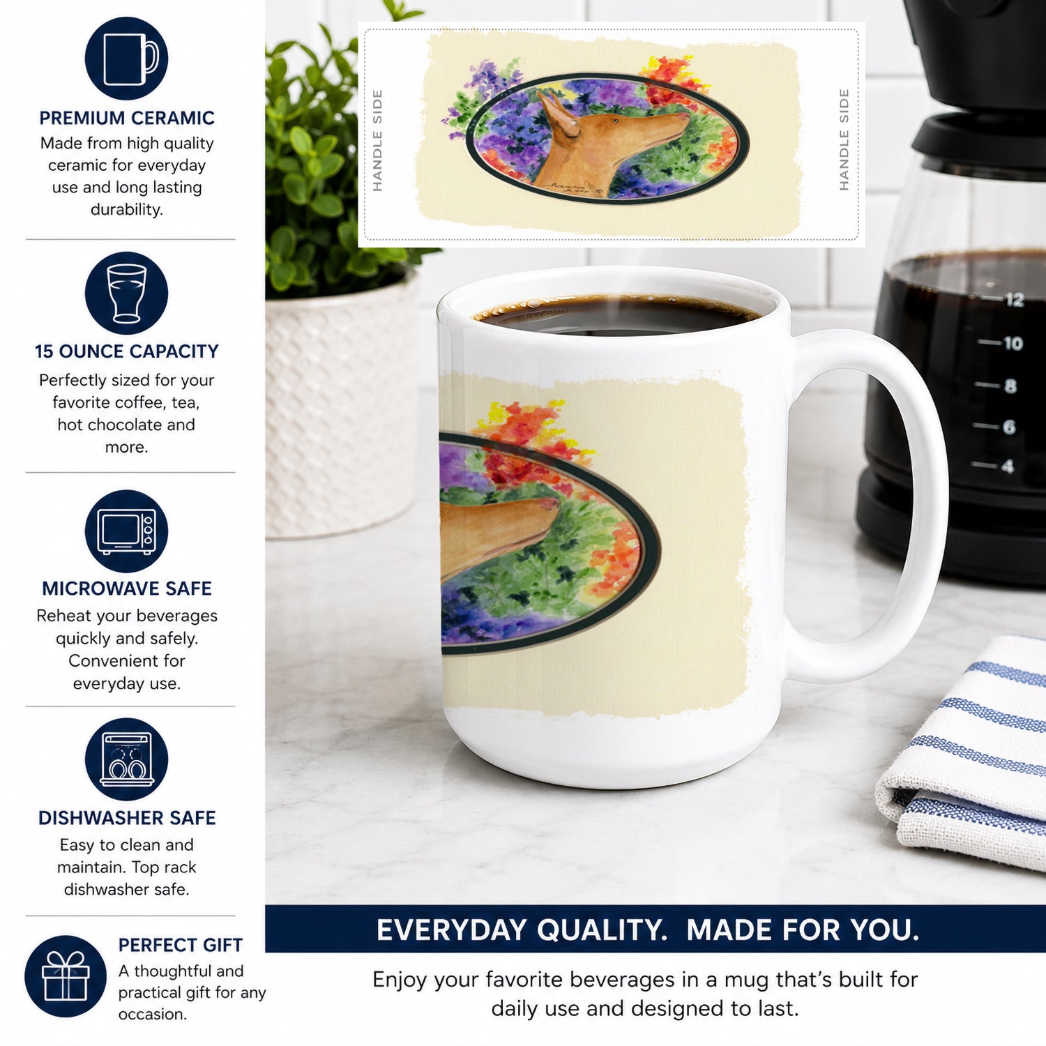 Pharaoh Hound Ceramic Coffee Mug 15 oz Decorative Large C Handle Mug Cup for Tea, Cocoa Hot Chocolate