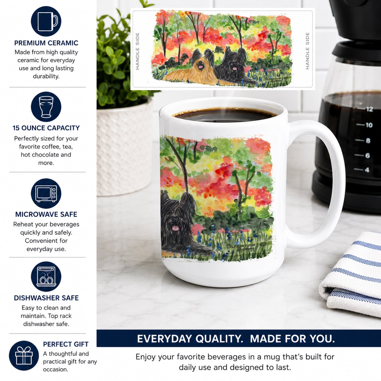 Briard Ceramic Coffee Mug 15 oz Decorative Large C Handle Mug Cup for Tea, Cocoa Hot Chocolate