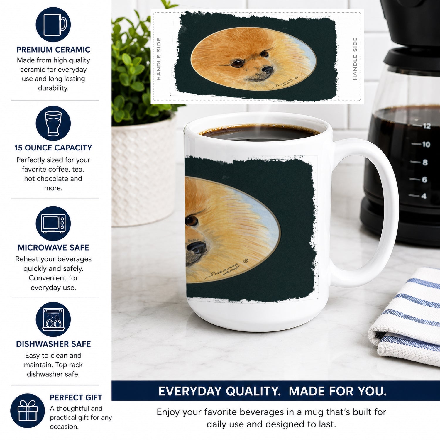 Pomeranian Ceramic Coffee Mug 15 oz Decorative Large C Handle Mug Cup for Tea, Cocoa Hot Chocolate