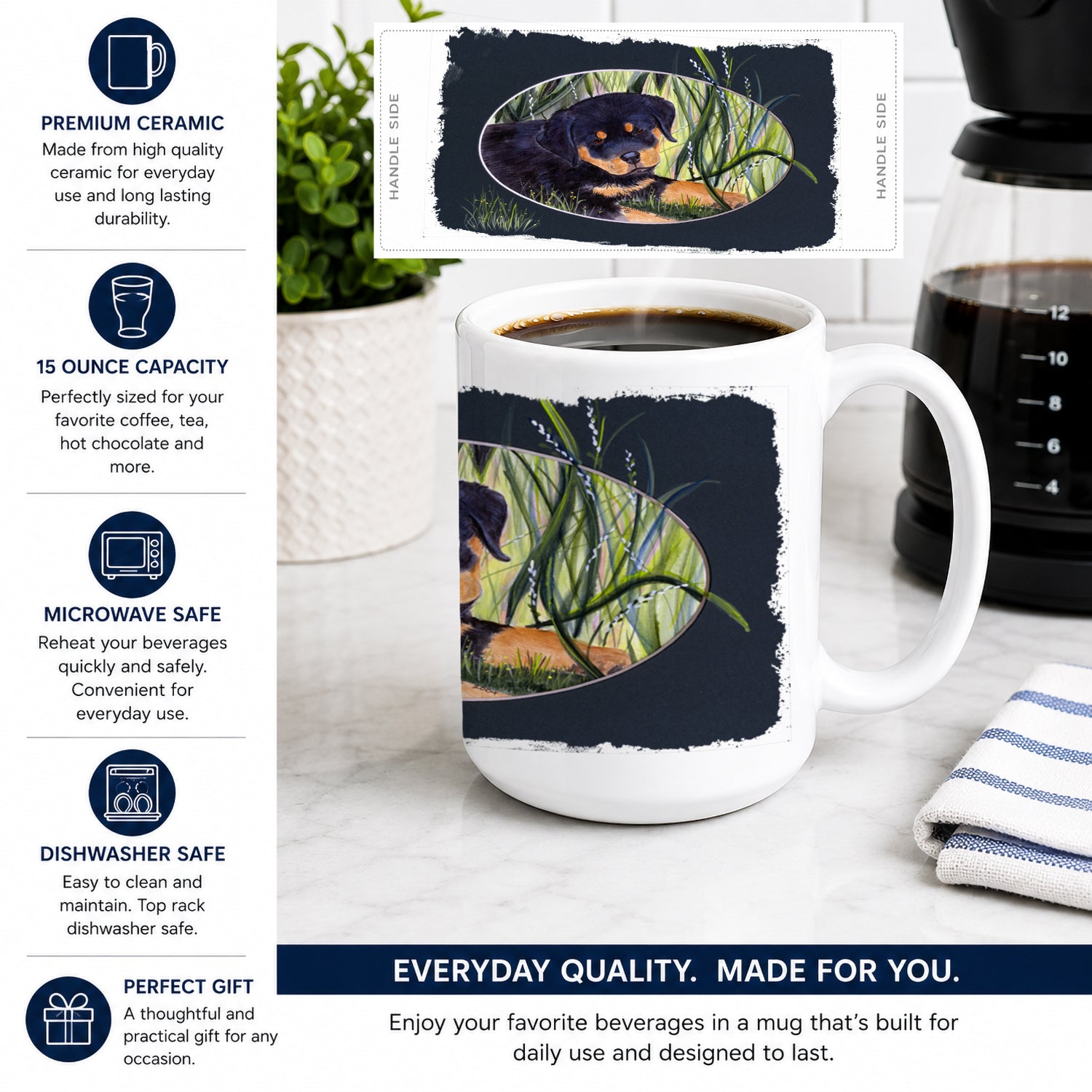 Rottweiler Ceramic Coffee Mug 15 oz Decorative Large C Handle Mug Cup for Tea, Cocoa Hot Chocolate