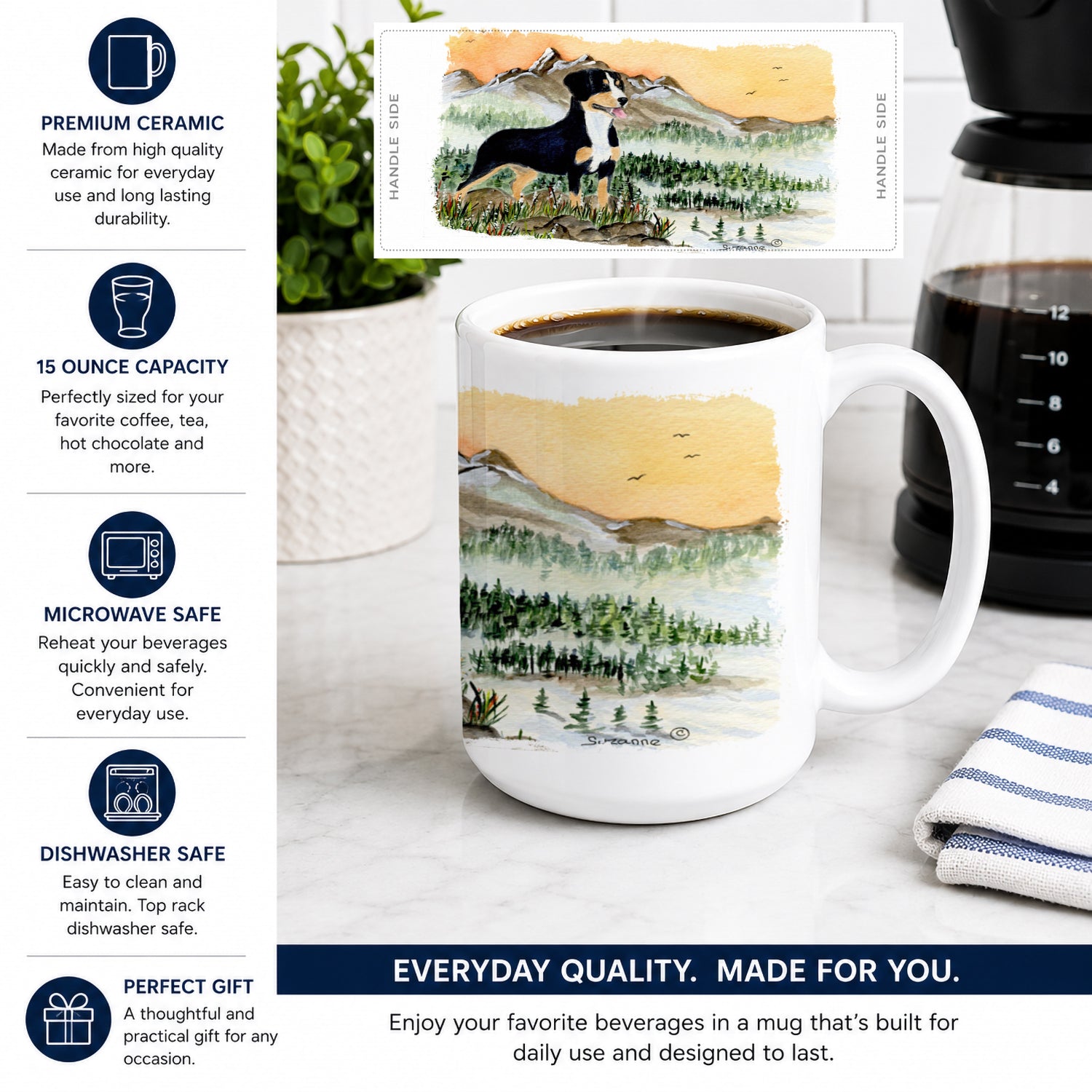 Entlebucher Mountain Dog Ceramic Coffee Mug 15 oz Decorative Large C Handle Mug Cup for Tea, Cocoa Hot Chocolate
