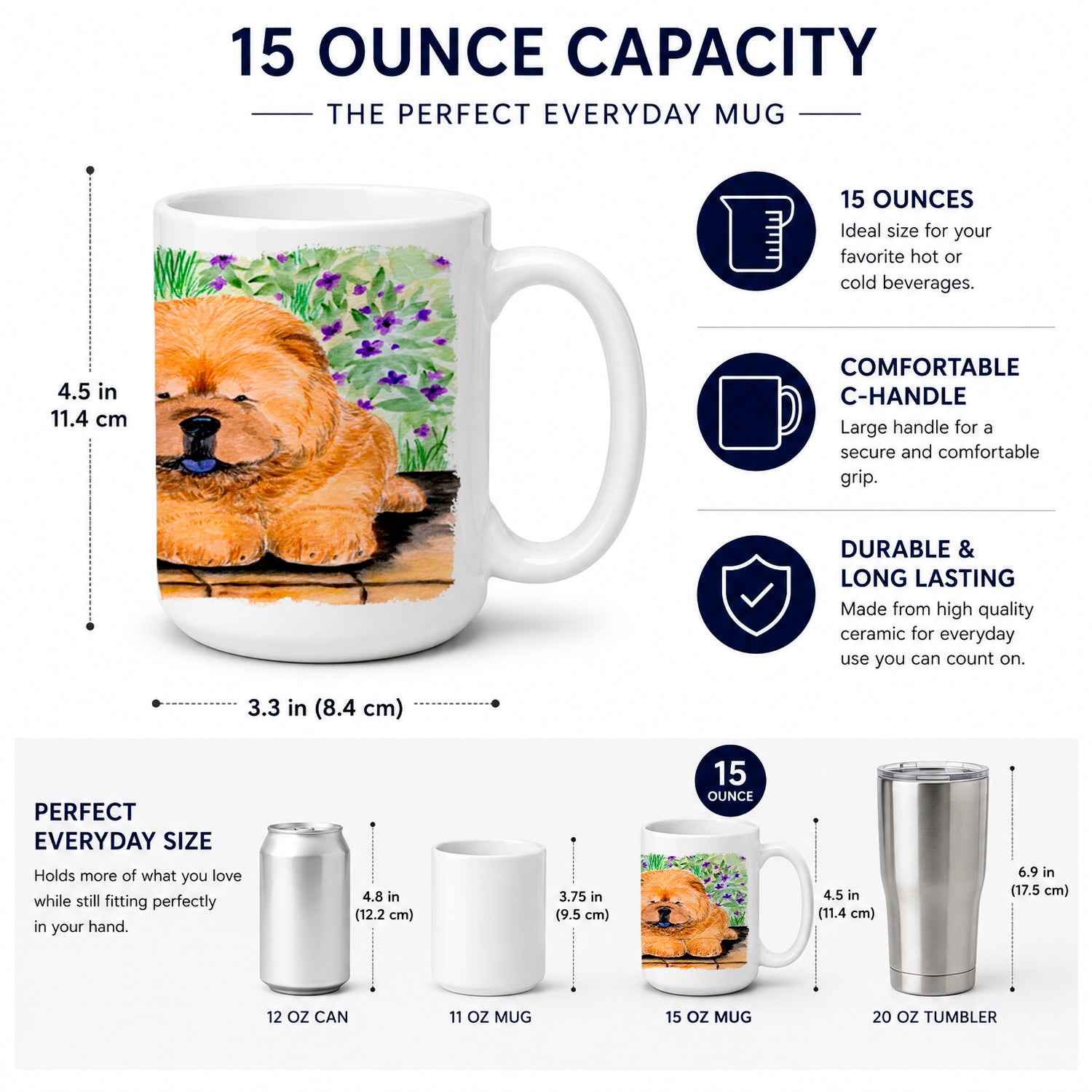 Chow Chow Ceramic Coffee Mug 15 oz Decorative Large C Handle Mug Cup for Tea, Cocoa Hot Chocolate