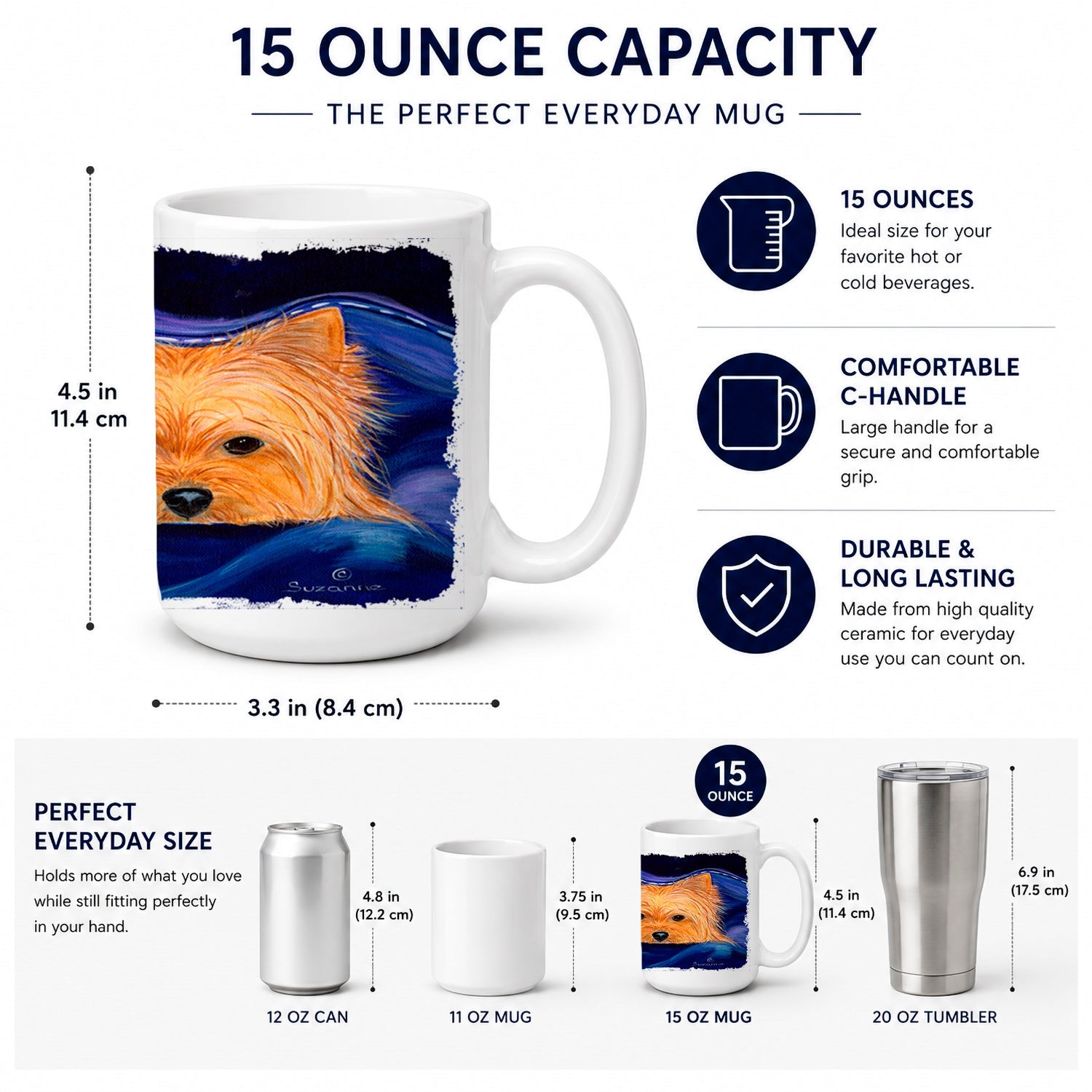 Yorkie Ceramic Coffee Mug 15 oz Decorative Large C Handle Mug Cup for Tea, Cocoa Hot Chocolate