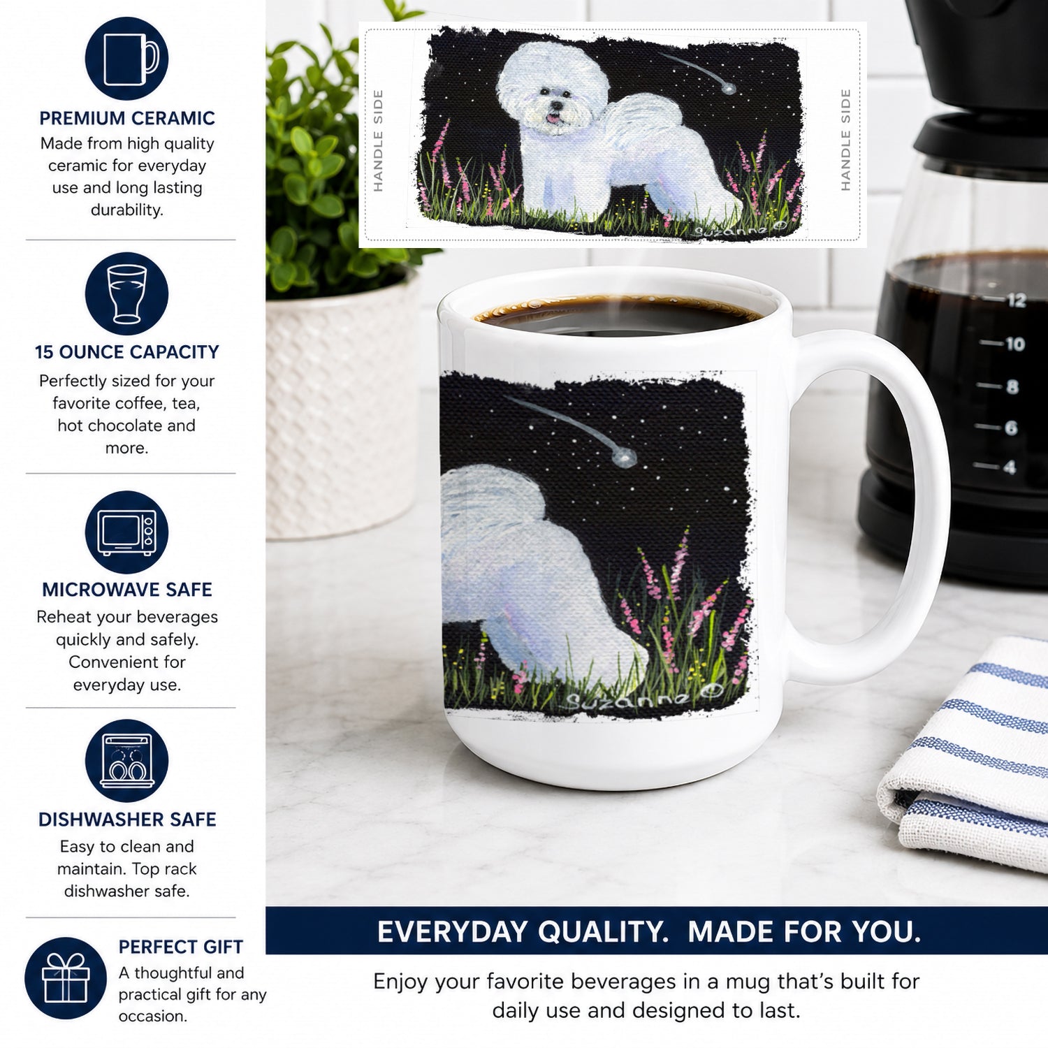 Bichon Frise Ceramic Coffee Mug 15 oz Decorative Large C Handle Mug Cup for Tea, Cocoa Hot Chocolate