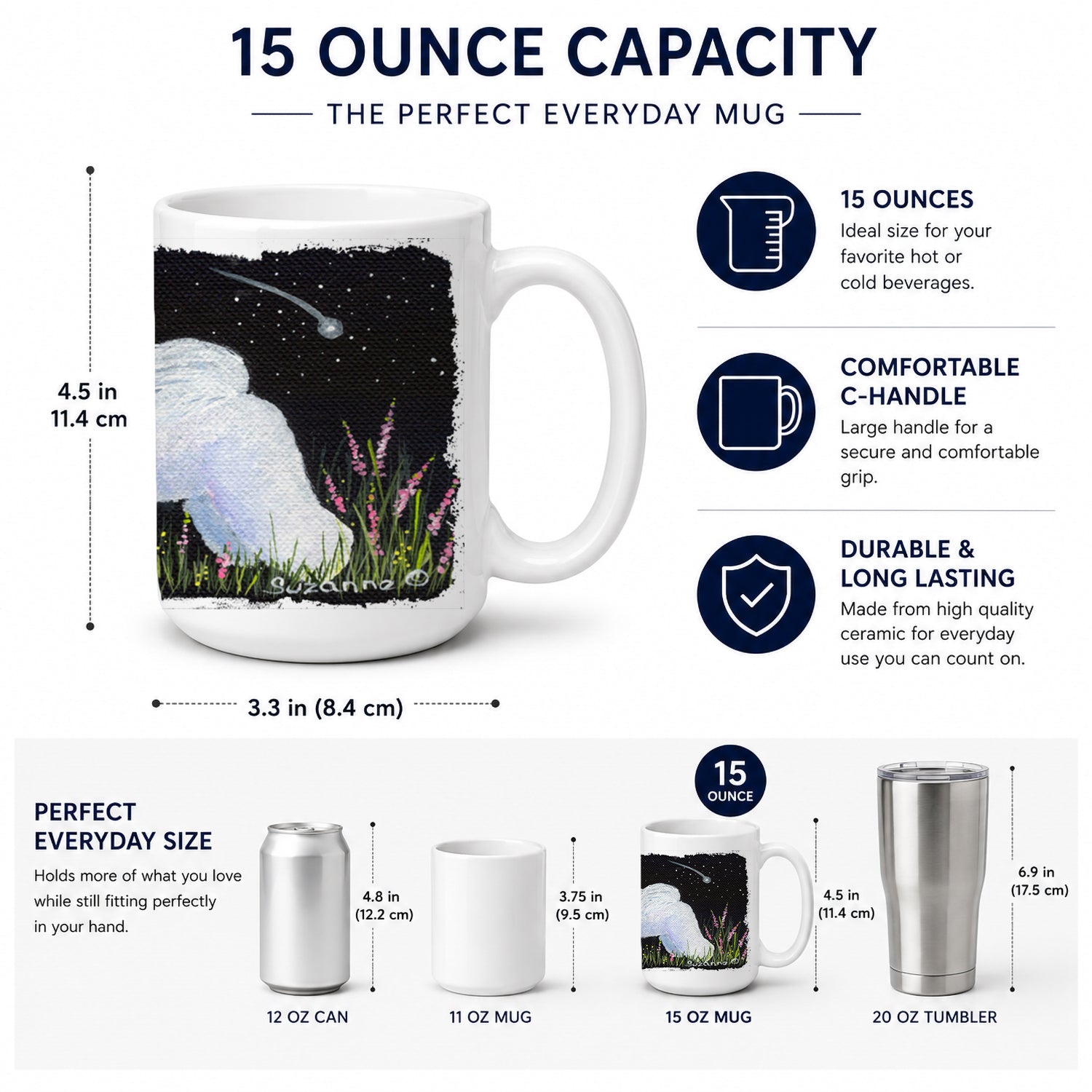 Bichon Frise Ceramic Coffee Mug 15 oz Decorative Large C Handle Mug Cup for Tea, Cocoa Hot Chocolate