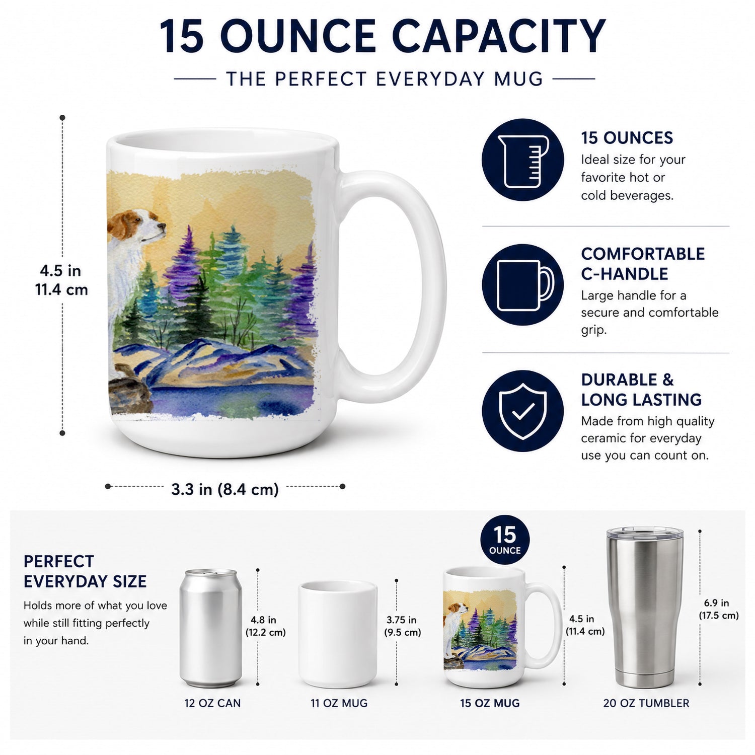 Setter Ceramic Coffee Mug 15 oz Decorative Large C Handle Mug Cup for Tea, Cocoa Hot Chocolate