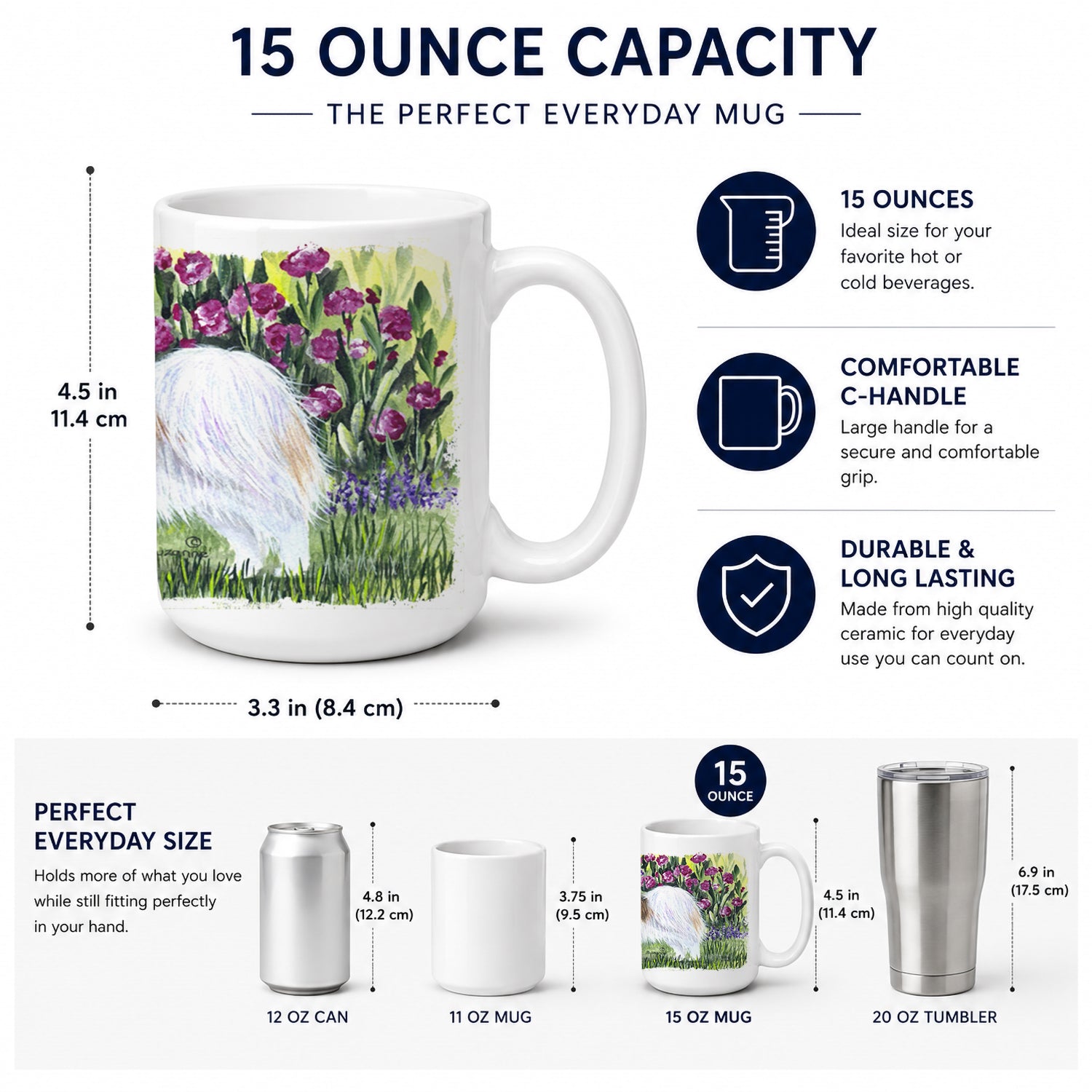 Papillon Ceramic Coffee Mug 15 oz Decorative Large C Handle Mug Cup for Tea, Cocoa Hot Chocolate