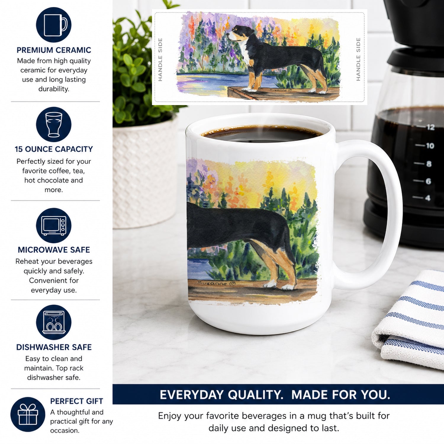 Greater Swiss Mountain Dog Ceramic Coffee Mug 15 oz Decorative Large C Handle Mug Cup for Tea, Cocoa Hot Chocolate