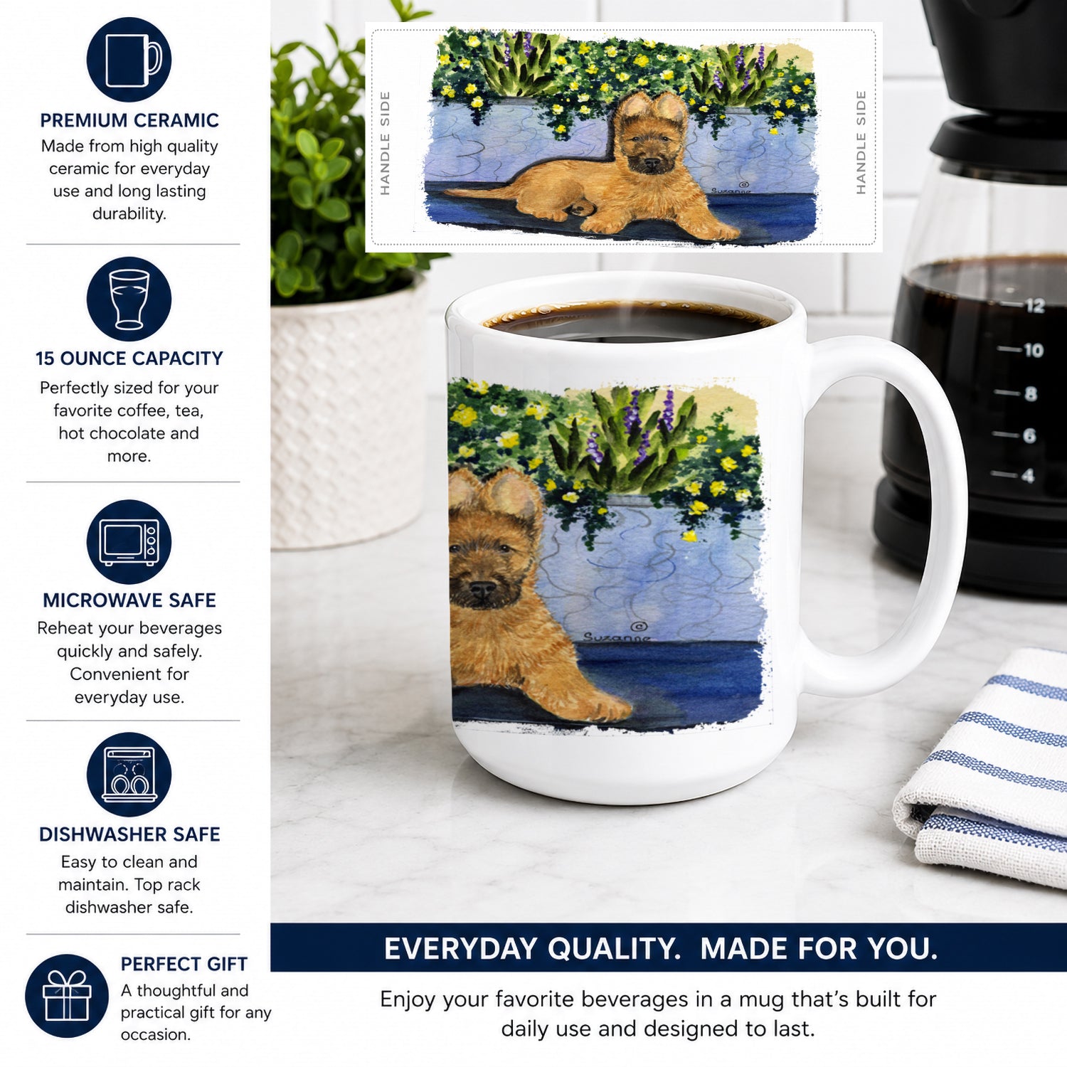 Briard Ceramic Coffee Mug 15 oz Decorative Large C Handle Mug Cup for Tea, Cocoa Hot Chocolate
